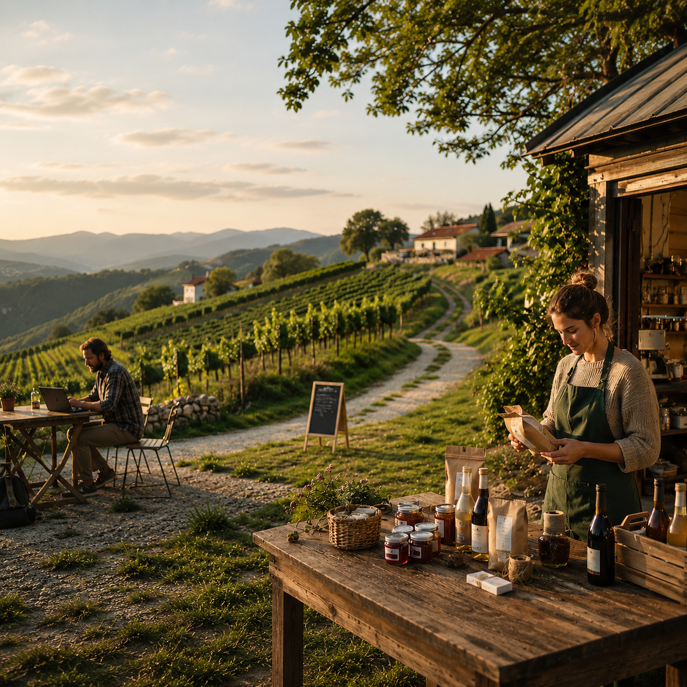 Podjetnica ob stojnici z lokalnimi izdelki na vinogradniški kmetiji, v ozadju vinogradi in obiskovalec z računalnikom.